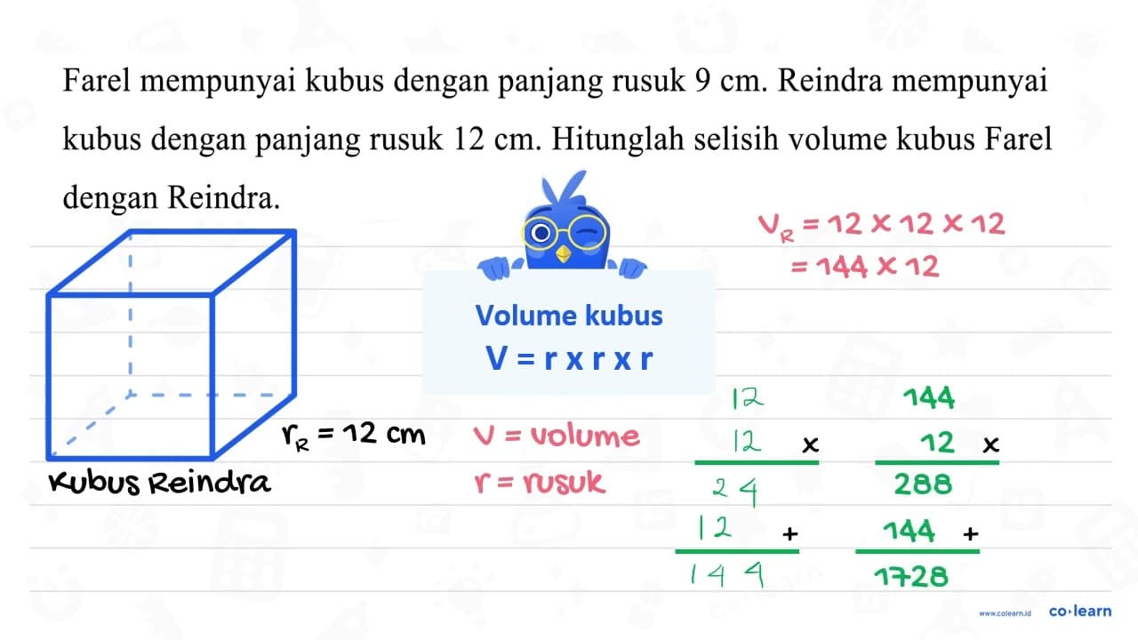 Farel mempunyai kubus dengan panjang rusuk 9 cm. Reindra