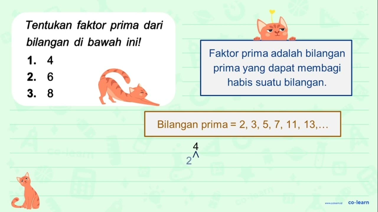 Tentukan faktor prima dari bilangan di bawah ini! 1. 4 2. 6