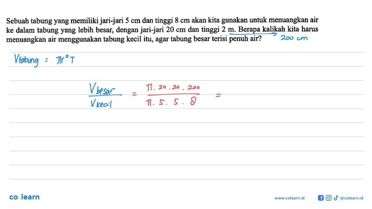 Sebuah tabung yang memiliki jari-jari 5 cm dan tinggi 8 cm