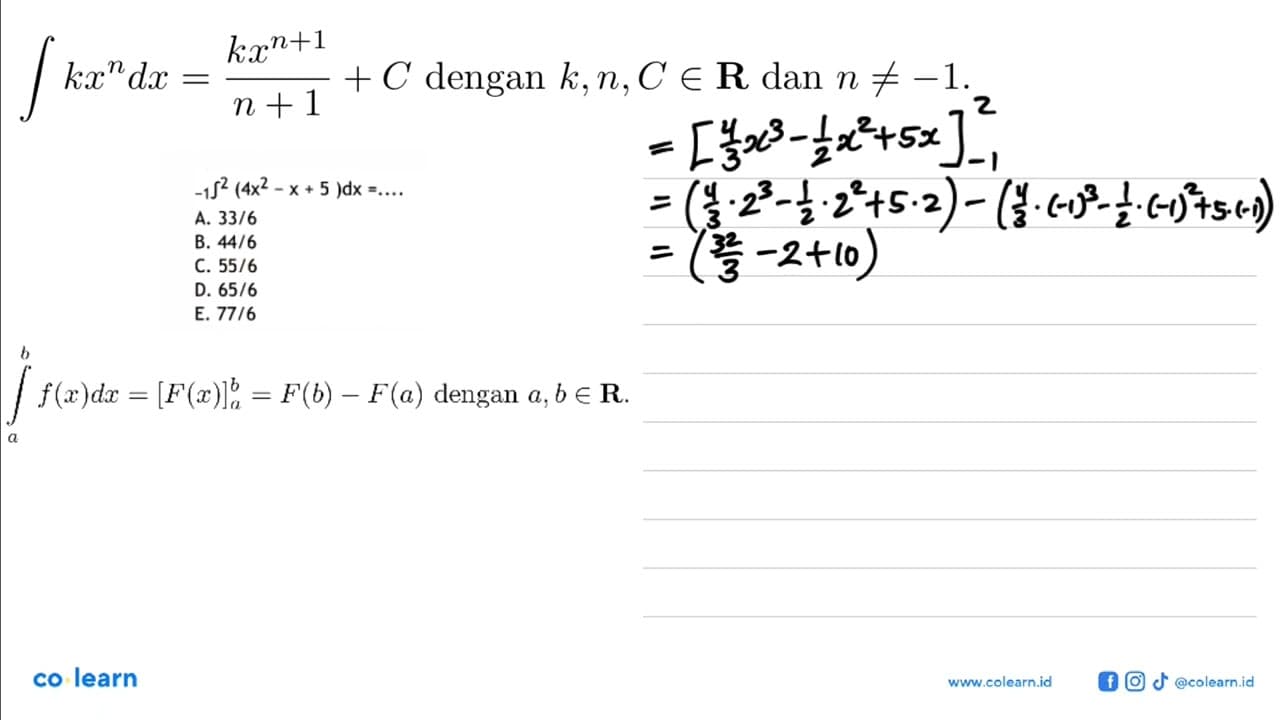 integral -1 2 (4x^2-x+5) dx=...