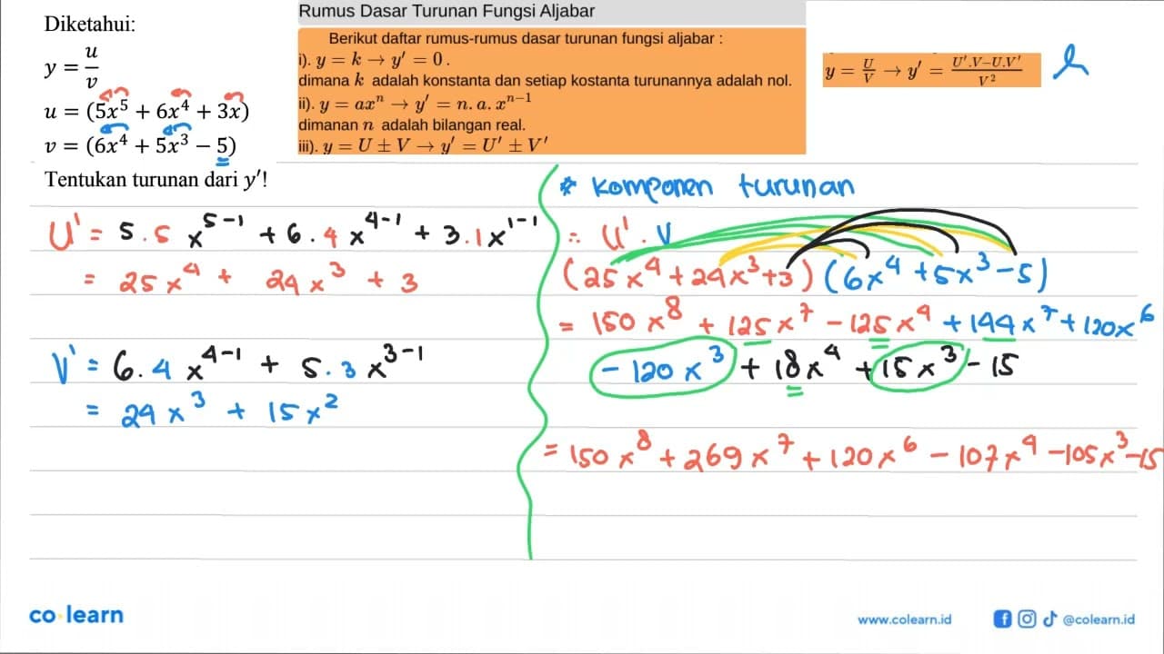 Diketahui: y=u/v u=(5 x^5+6 x^4+3x) v=(6 x^4+5 x^3-5)