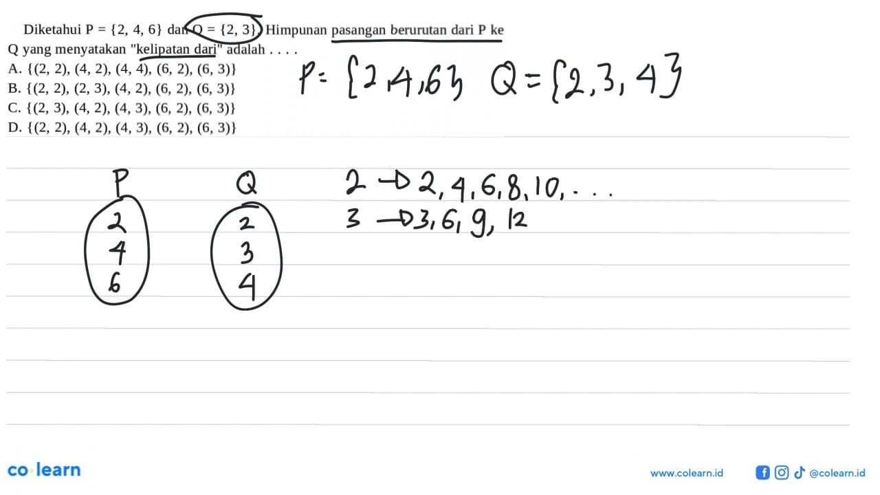 Diketahui P {2, 4, 6} dan Q = {2, 3}. Himpunan pasangan