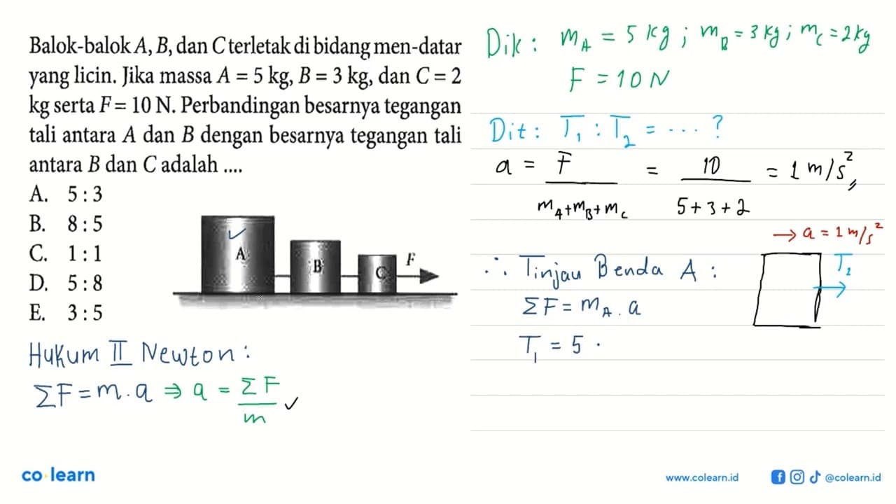 Balok-balok A, B , dan C terletak di bidang men-datar yang