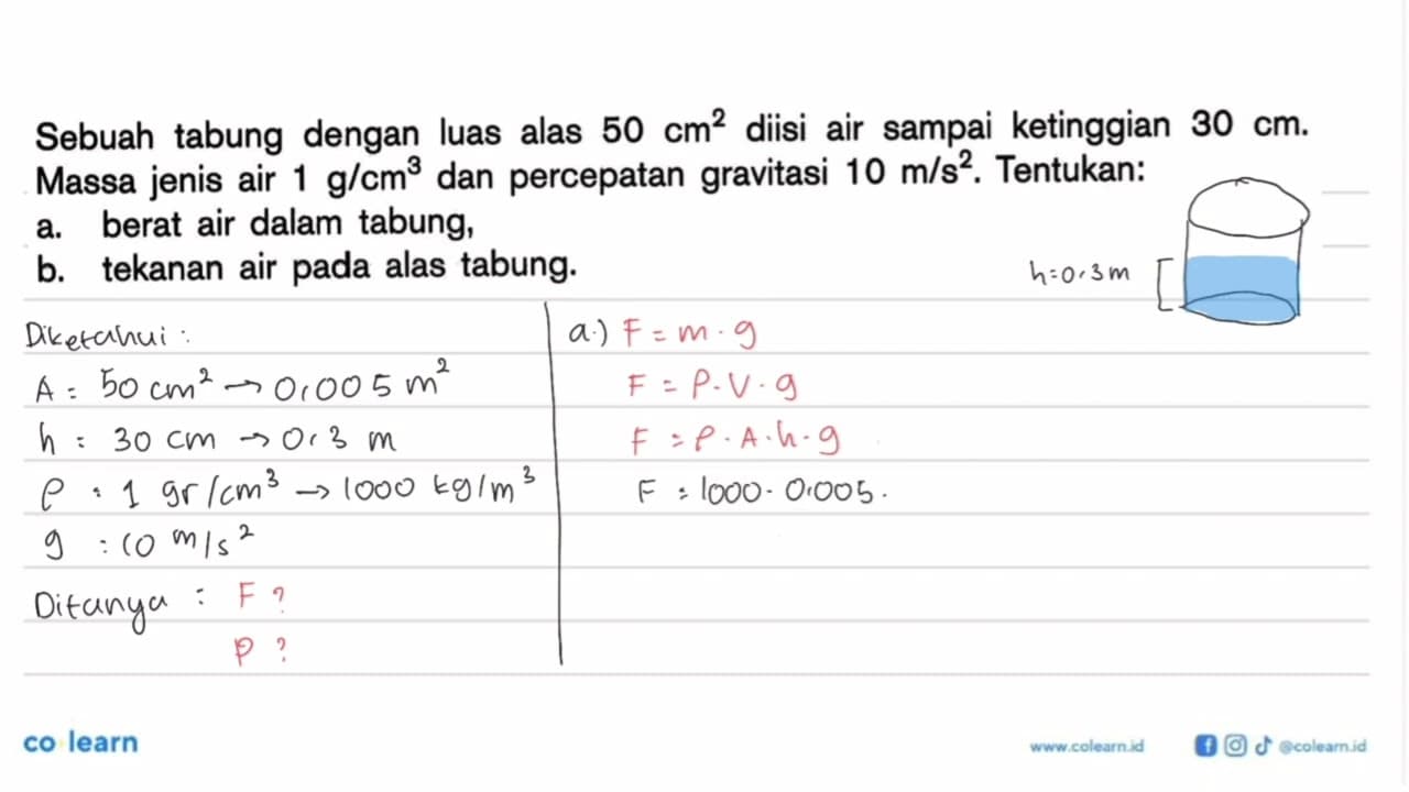 Sebuah tabung dengan luas alas 50 cm^2 diisi air sampai