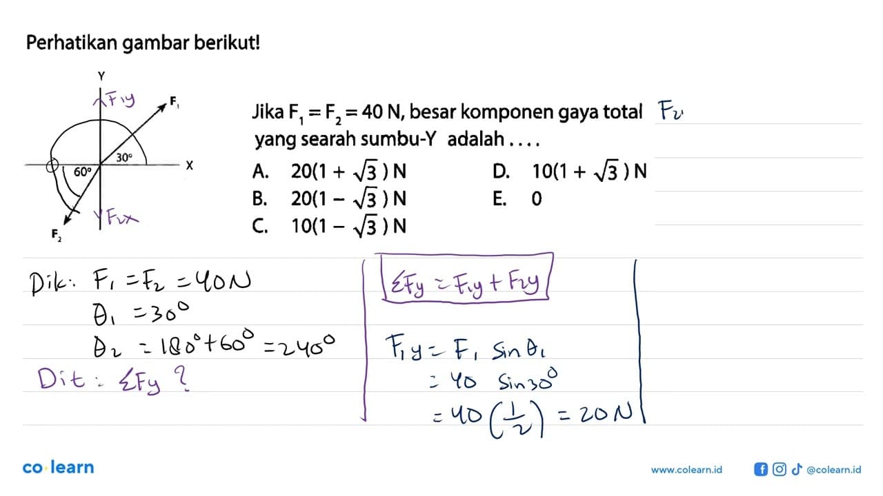 Perhatikan gambar berikut! Y F1 30 60 X F2 Jika F1 = F2 =