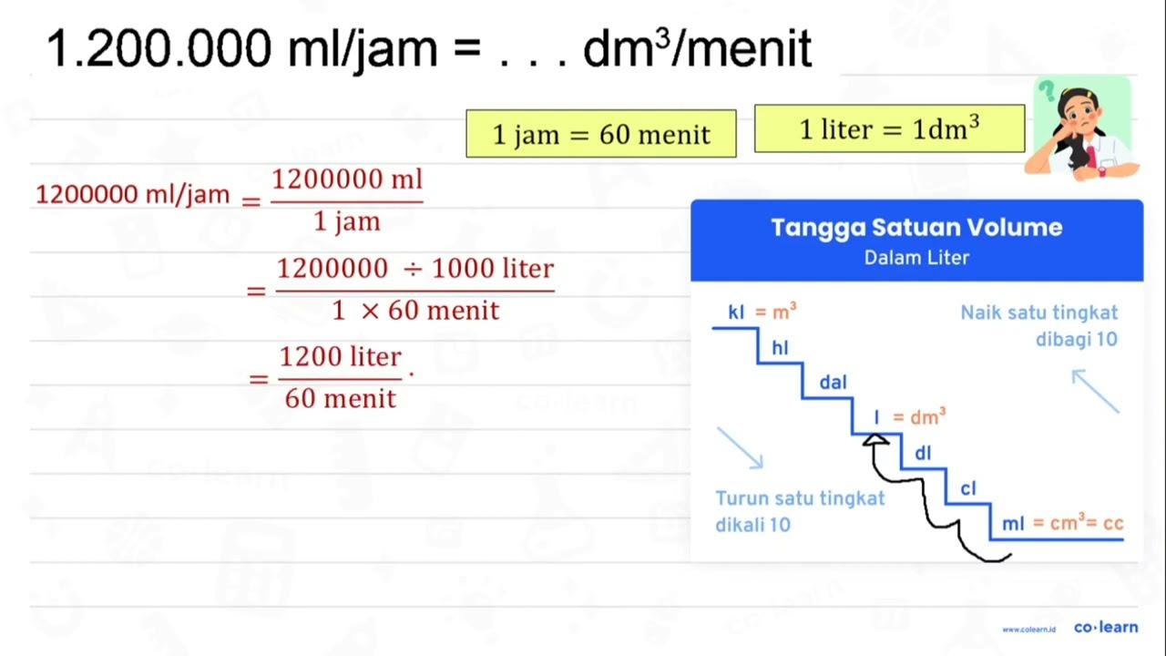 1.200 .000 ml / jam=... dm^(3) / menit