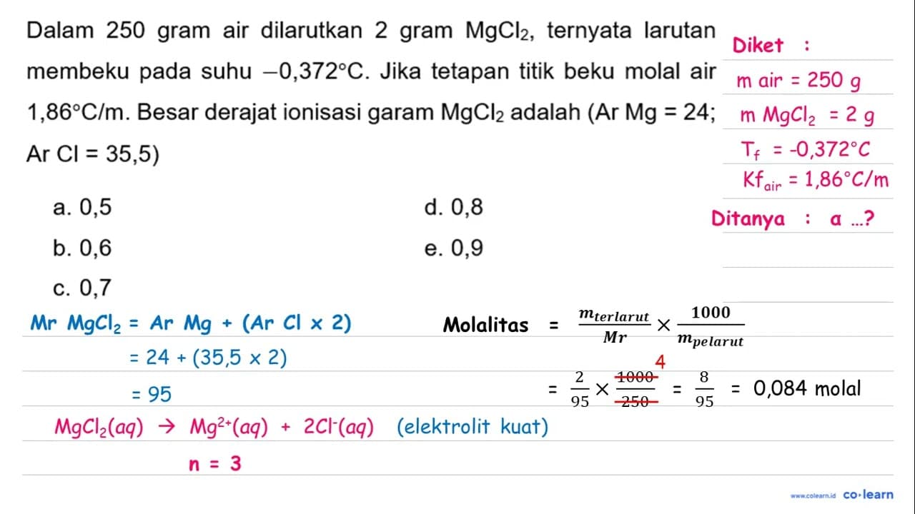 Dalam 250 gram air dilarutkan 2 gram MgCl_(2) , ternyata