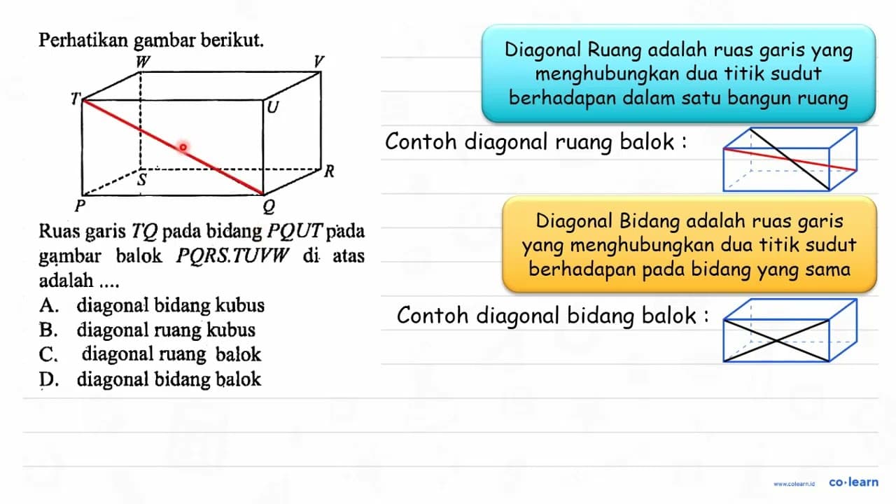 Perhatikan gambar berikut. W V T U S R P Q Ruas garis TQ