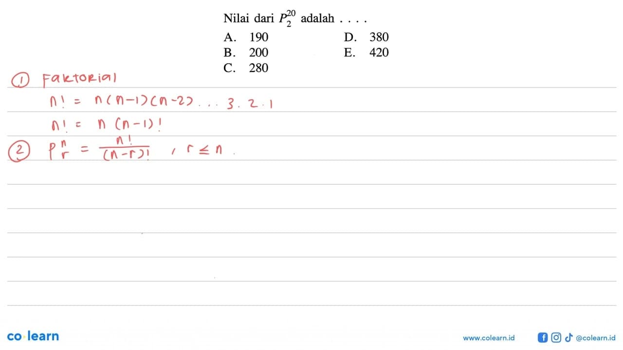 Nilai dari 2 P 20 adalah ... .