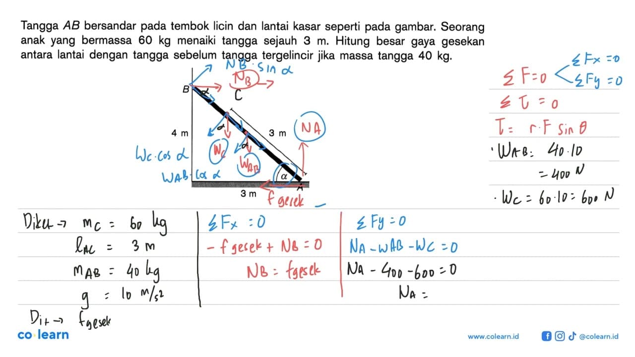 Tangga AB bersandar pada tembok licin dan lantai kasar