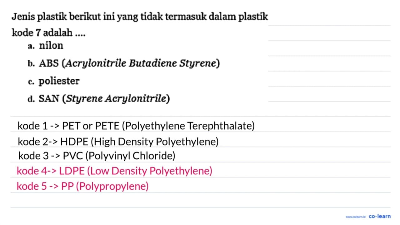 Jenis plastik berikut ini yang tidak termasuk dalam plastik