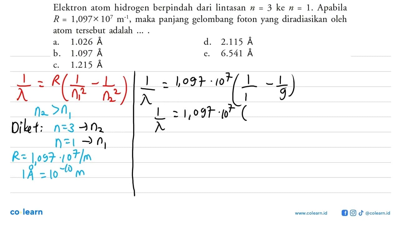 Elektron atom hidrogen berpindah dari lintasan n = 3 ke n =