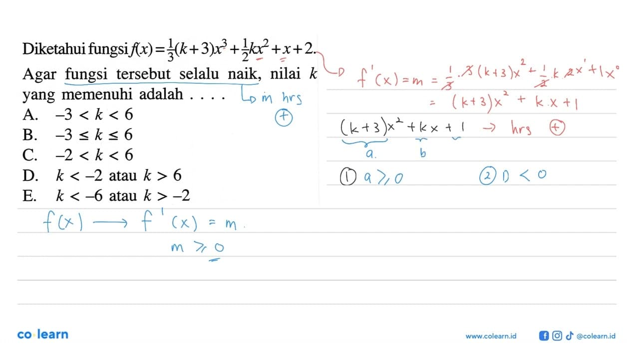 Diketahui fungsi f(x)=1/3 (k+3)x^3+1/2 kx^2+x+2. Agar