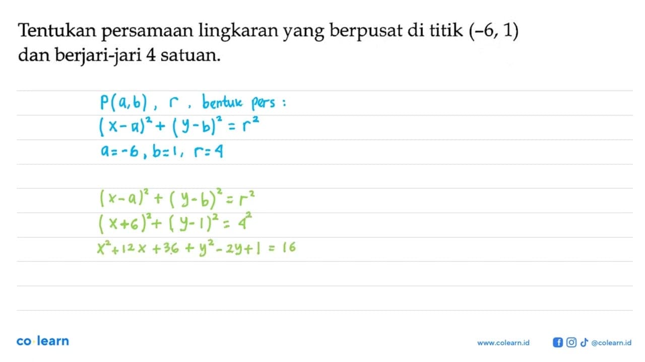 Tentukan persamaan lingkaran yang berpusat di titik (-6,1)