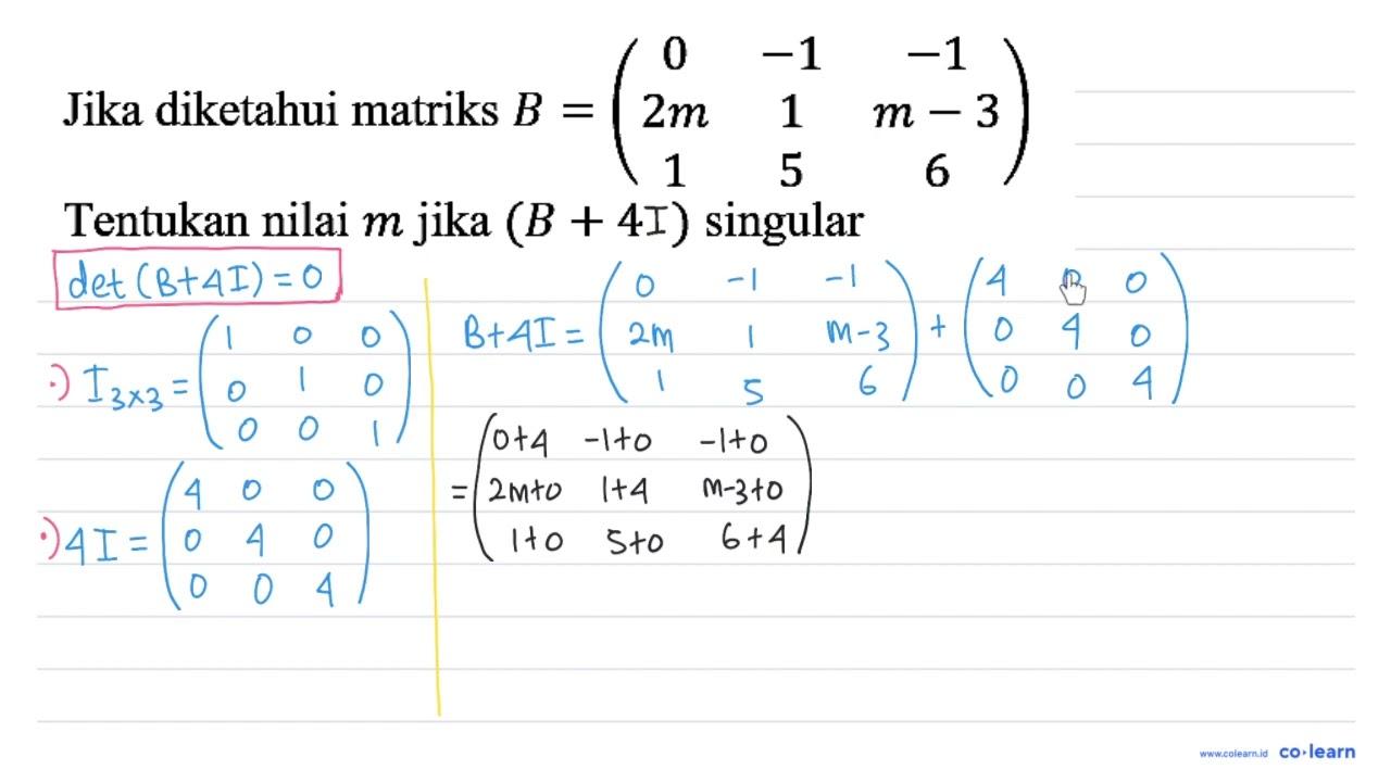 Jika diketahui matriks B=(0 -1 -1 2m 1 m-3 1 5 6) Tentukan