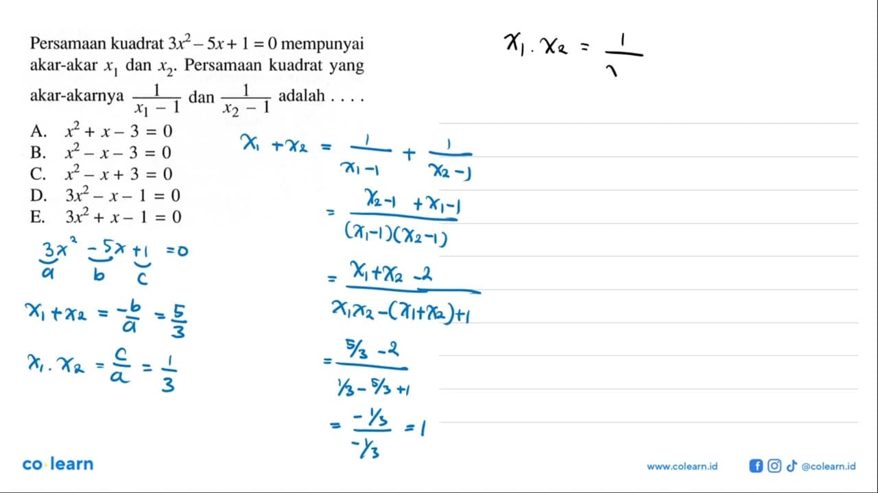 Persamaan kuadrat 3x^2 - 5x + 1 =0 mempunyai akar-akar x1