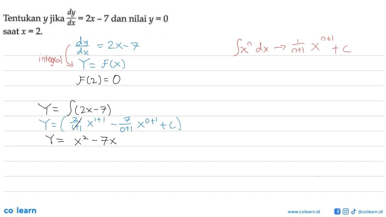 Tentukan y jika dy/dx=2x-7 dan nilai y=0 saat x=2.