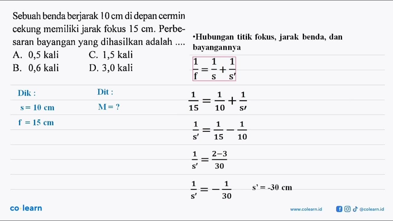 Sebuah benda berjarak 10 cm di depan cermin cekung memiliki