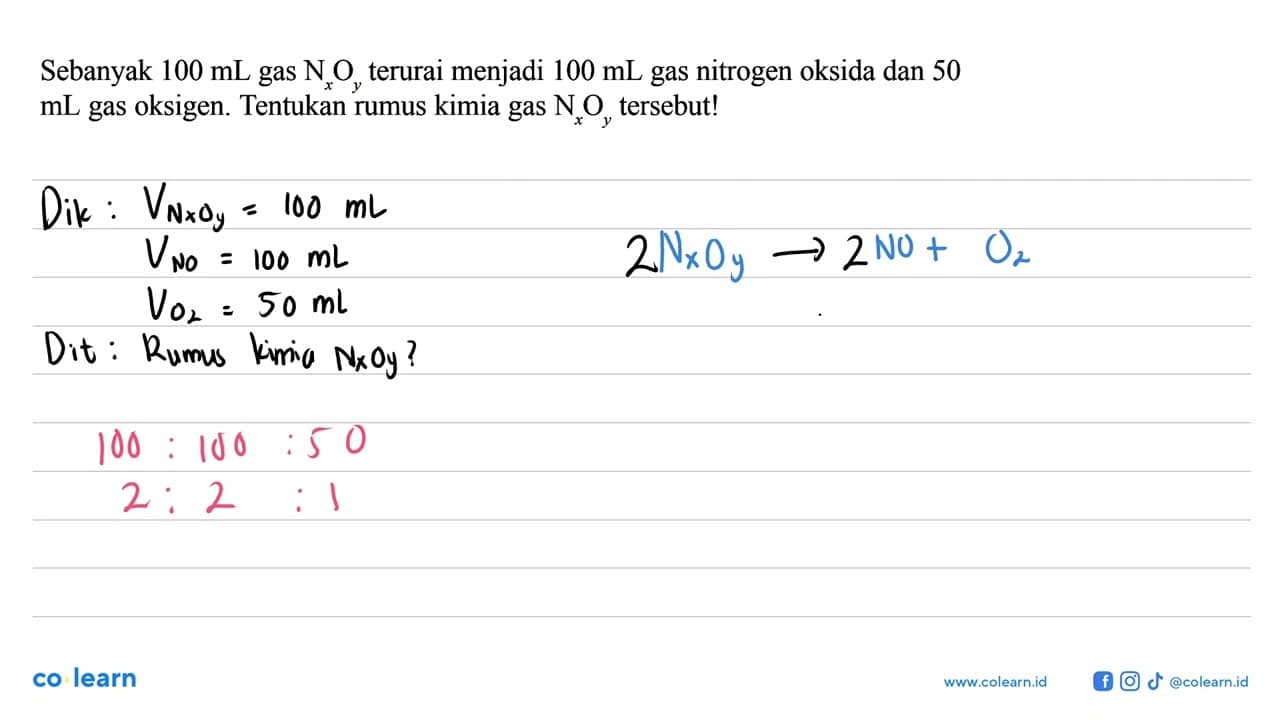 Sebanyak 100 mL gas NxOy terurai menjadi 100 mL gas