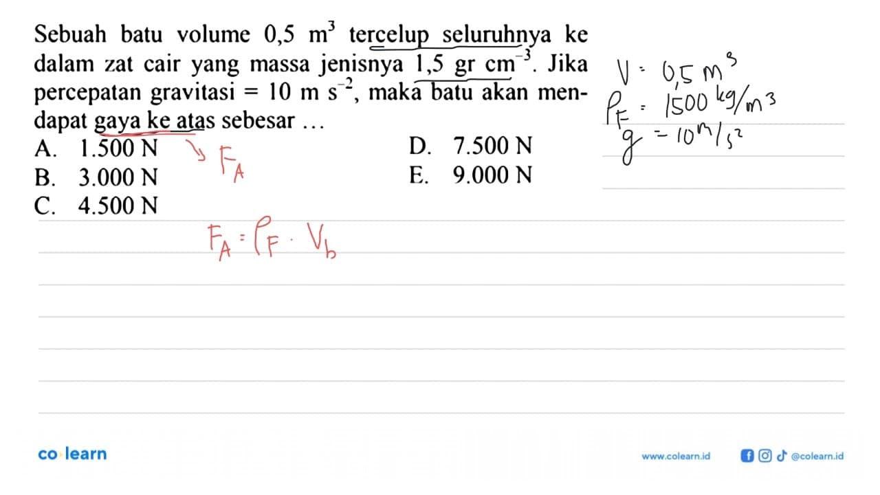 Sebuah batu volume 0,5 m^3 tercelup seluruhnya ke dalam zat