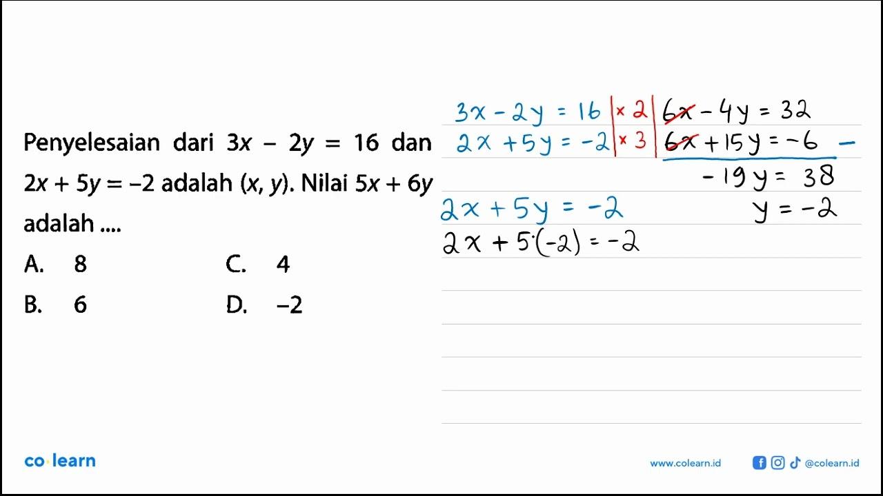 Penyelesaian dari 3x-2y=16 dan 2x+5y=-2 adalah (x, y).