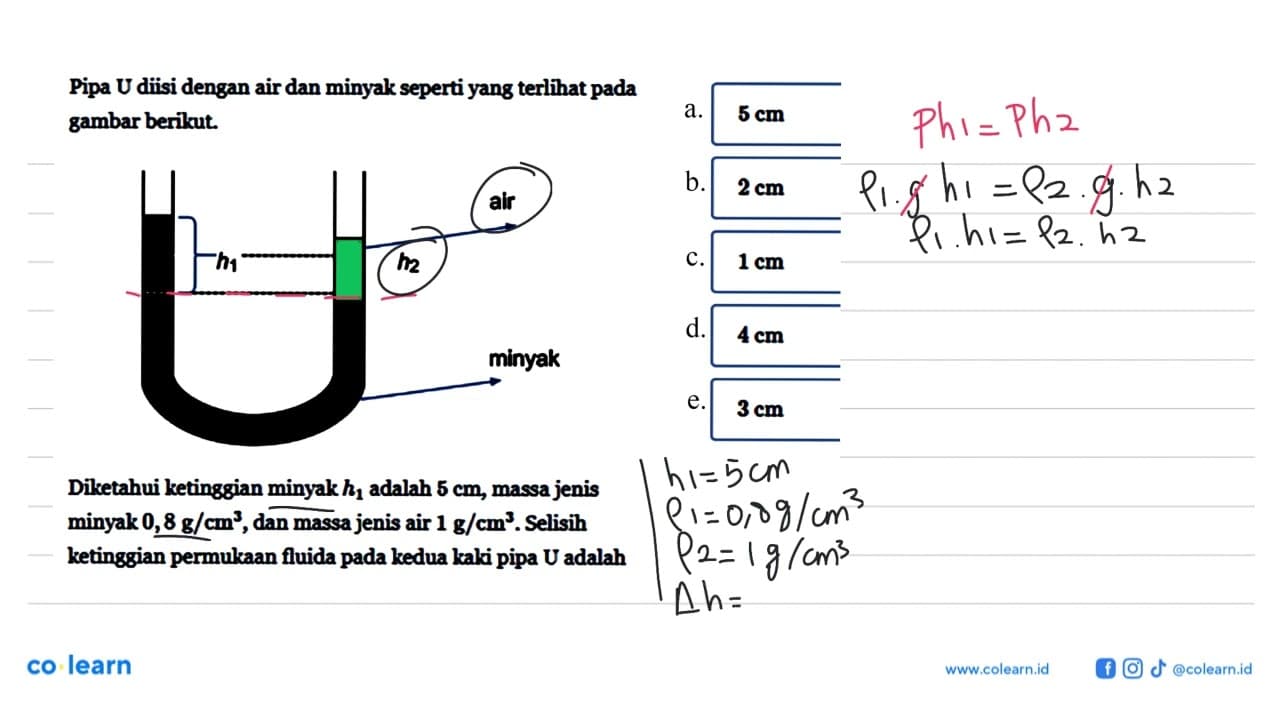 Pipa U diisi dengan air dan minyak seperti yang terlihat