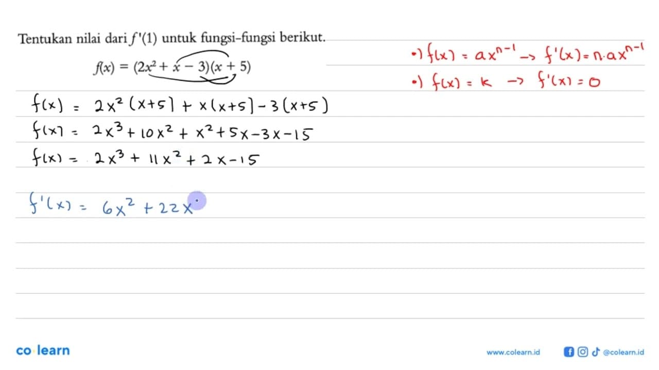 Tentukan nilai dari f'(1) untuk fungsi-fungsi berikut.