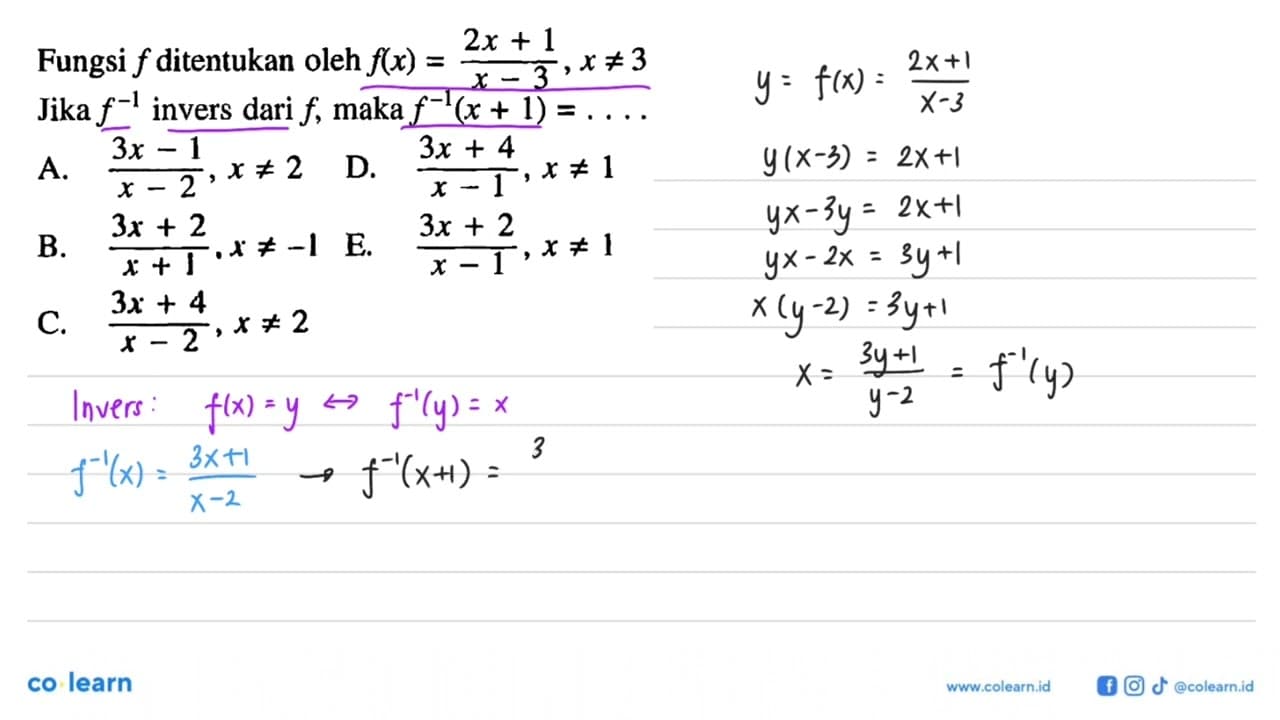 Fungsi f ditentukan oleh f(x)=(2x+1)/(x-3), x=/=3 Jika