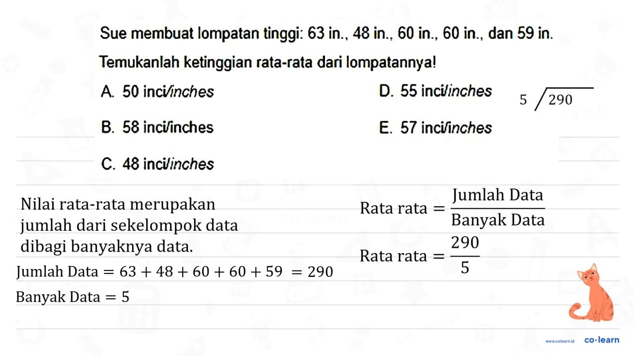 Sue membuat lompatan tinggi: 63 in., 48 in., 60 in., 60