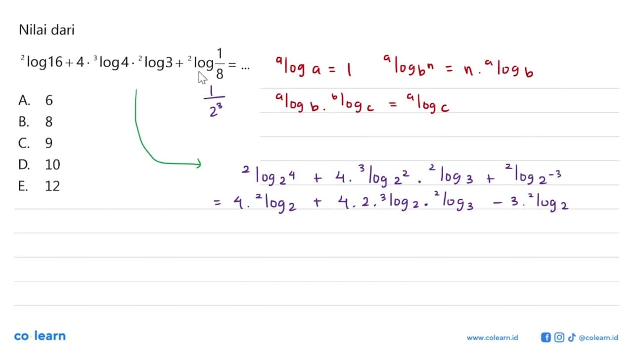 Nilai dari 2log16+4. 3log4.2log3 + 2log(1/8)=