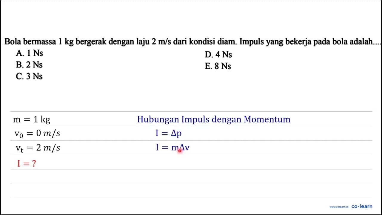 Bola bermassa 1 kg bergerak dengan laju 2 m / s dari