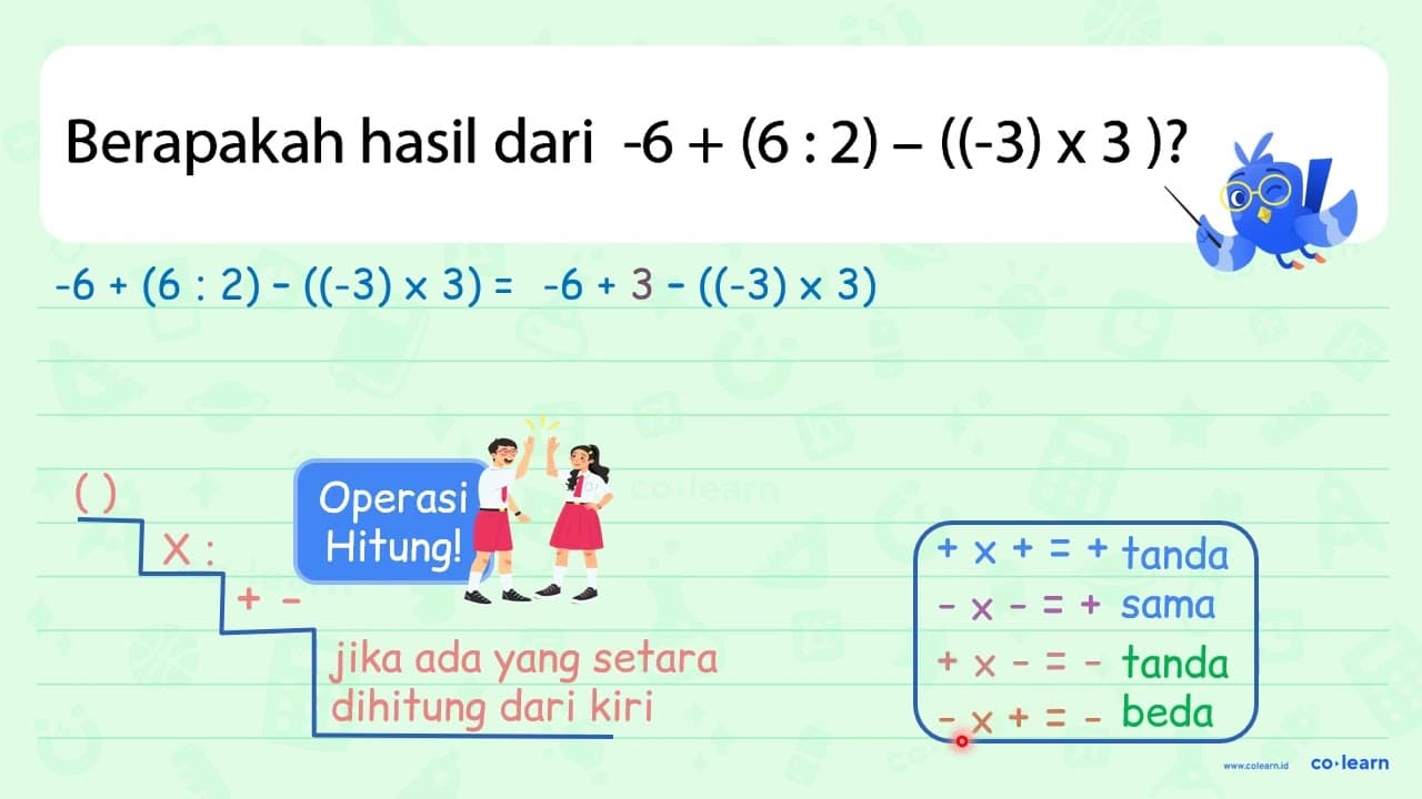 Berapakah hasil dari -6+(6: 2)-((-3) x 3) ?