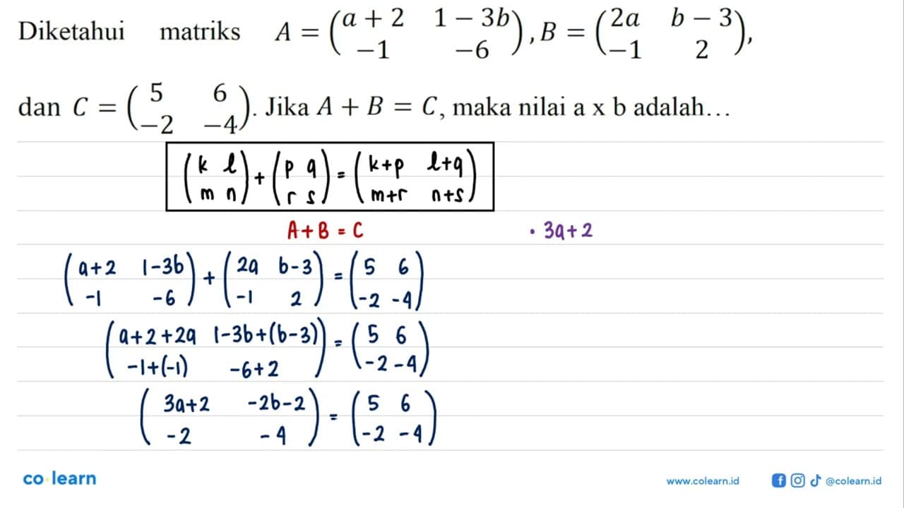 Diketahui matriks A=(a+2 1-3b -1 -6), B=(2a b-3 -1 2), dan