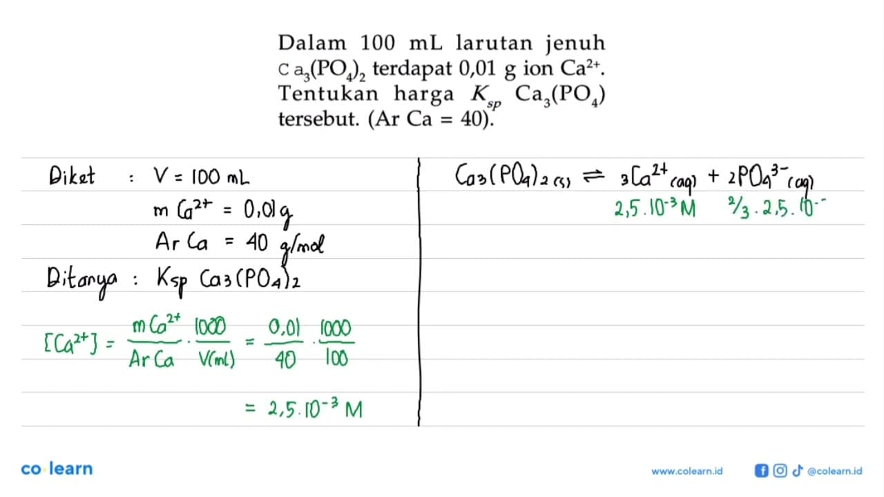 Dalam 100 mL larutan jenuh Ca3(PO4)2 terdapat 0,01 g ion