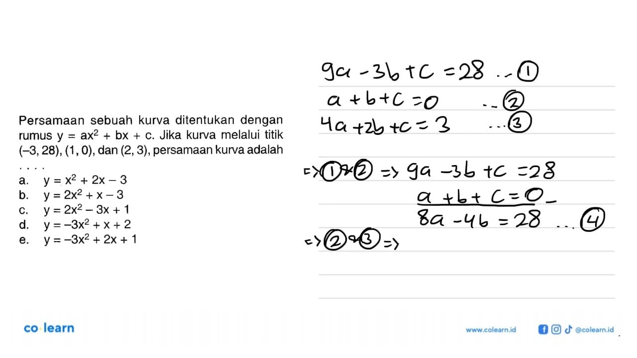 Persamaan sebuah kurva ditentukan dengan rumus y=ax^2+bx+c.