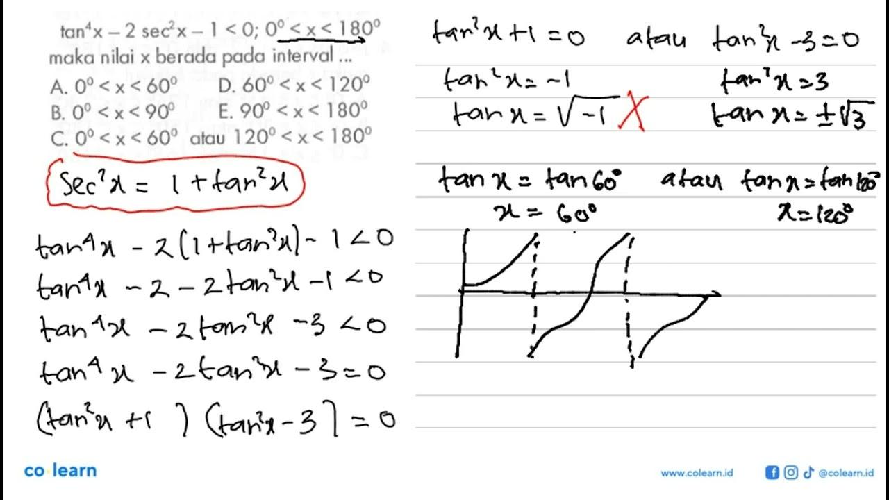 tan^4 x-2sec ^2 x-1<0; 0<x<180 maka nilai x berada pada