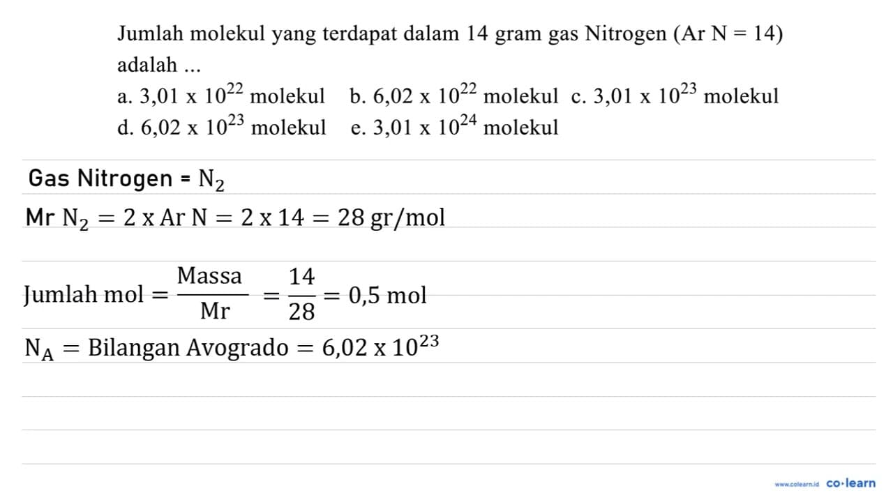 Jumlah molekul yang terdapat dalam 14 gram gas Nitrogen (Ar