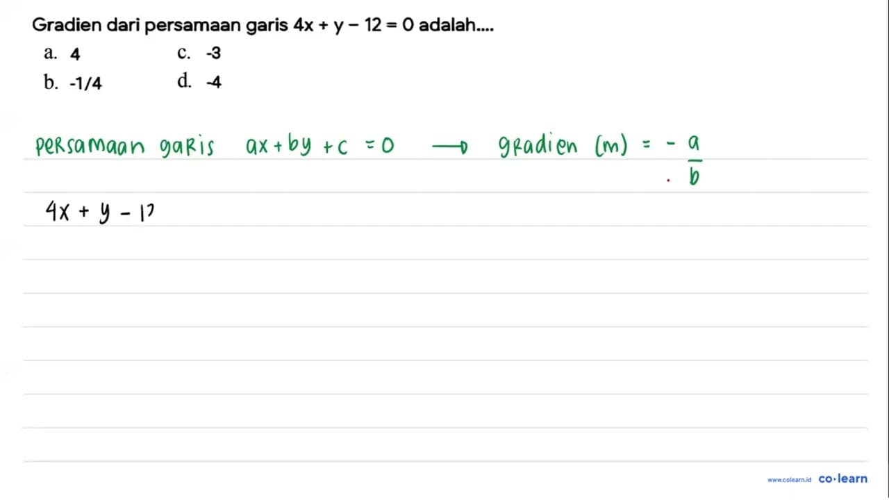 Gradien dari persamaan garis 4x+y-12=0 adalah ....