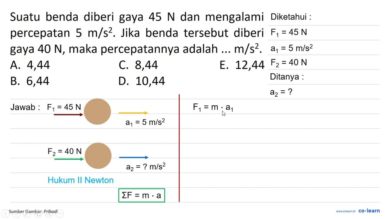 Suatu benda diberi gaya 45 ~N dan mengalami percepatan 5 m