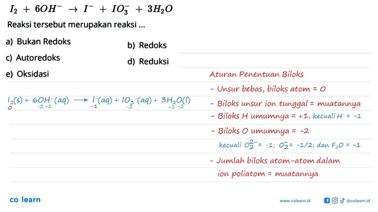 I2 + 6OH^- -> I^- + IO3^- +3H2O Reaksi tersebut merupakan