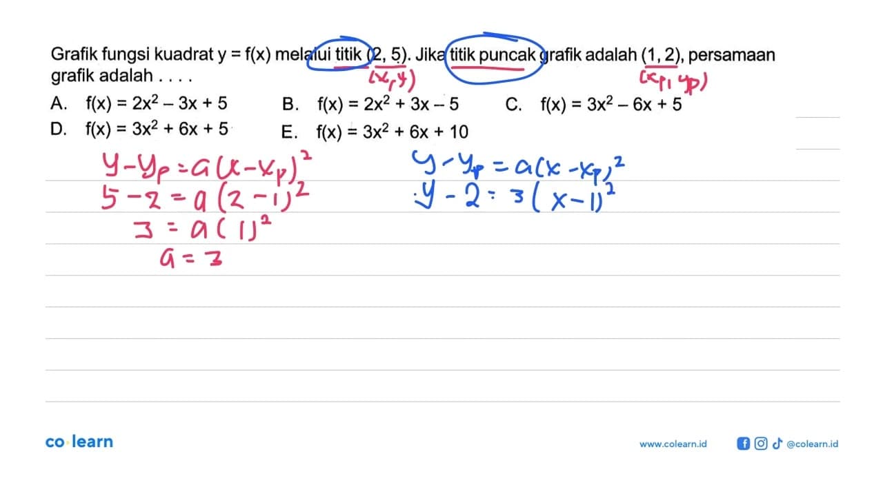 Grafik fungsi kuadrat y=f(x) melalui titik (2,5). Jika