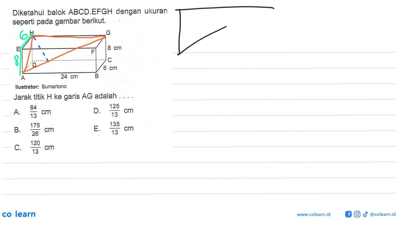 Diketahui balok ABCD.EFGH dengan ukuran seperti pada gambar