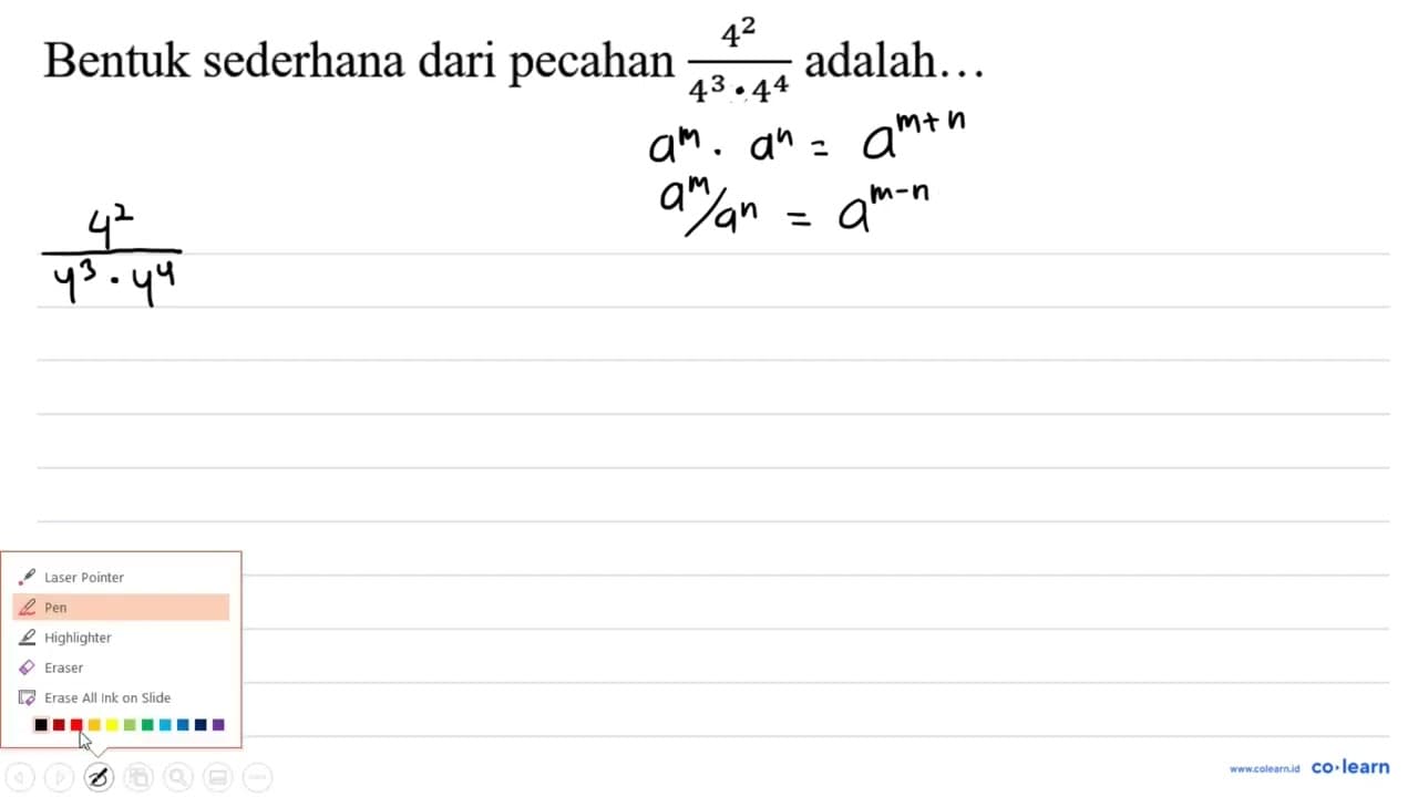 Bentuk sederhana dari pecahan (4^(2))/(4^(3) x 4^(4))