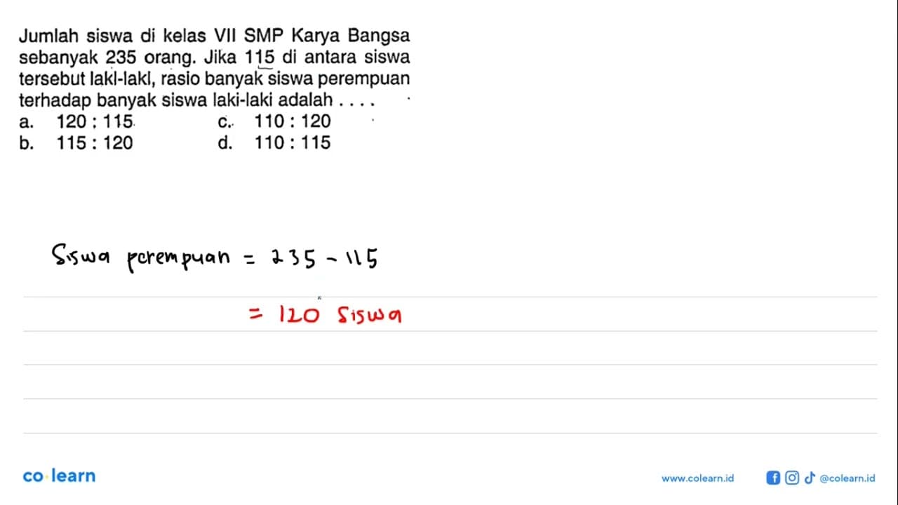 Jumlah siswa di kelas VII SMP Karya Bangsa sebanyak 235