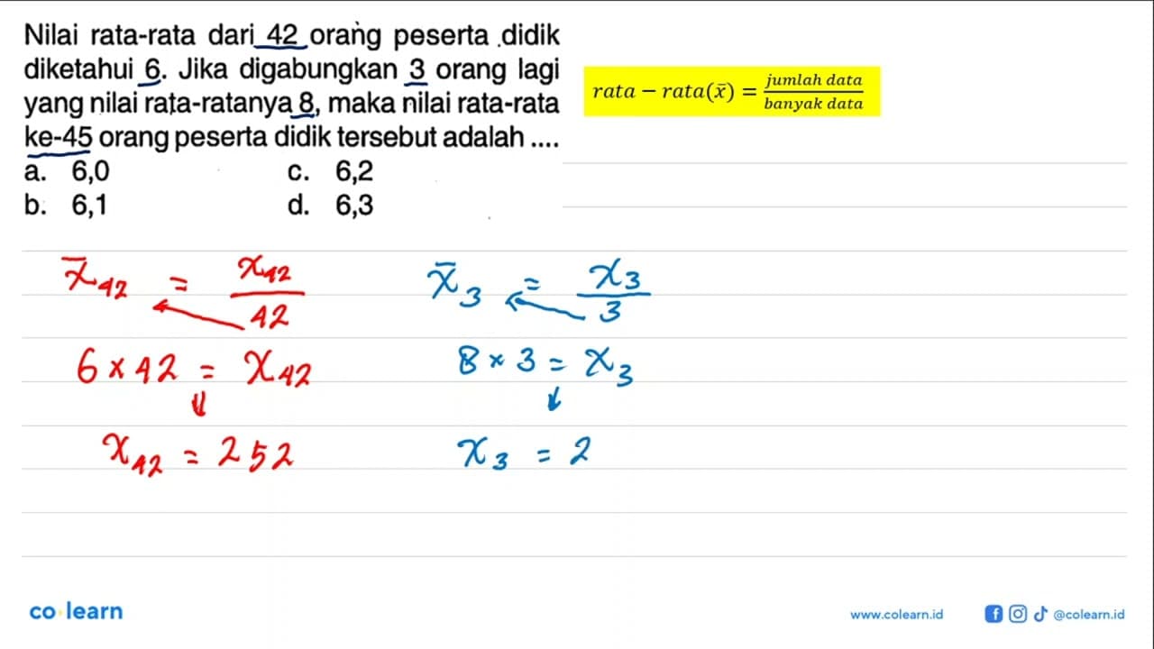 Nilai rata-rata dari 42 orang peserta didik diketahui 6.