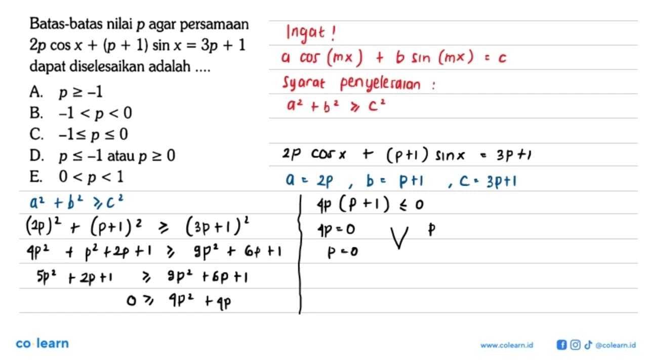 Batas-batas nilai p agar persamaan 2p cos x+(p+1)sin x=3p+1