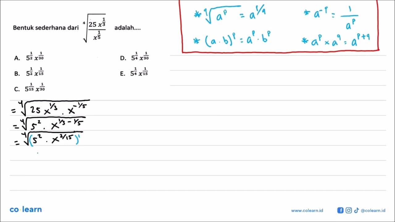 Bentuk sederhana dari ((25 x^(1/3))/x^(1/5))^(1/4)