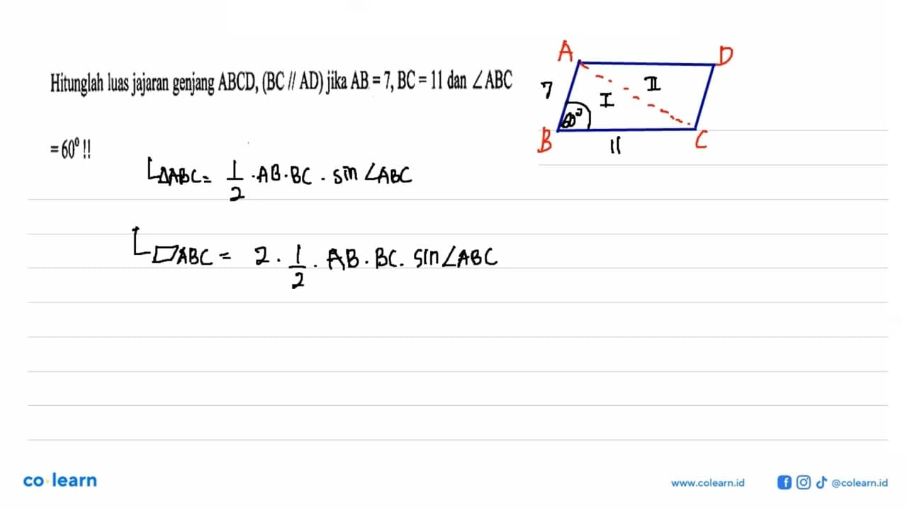 Hitunglah luas jajaran genjang ABCD, (BC//AD) jika AB=7,