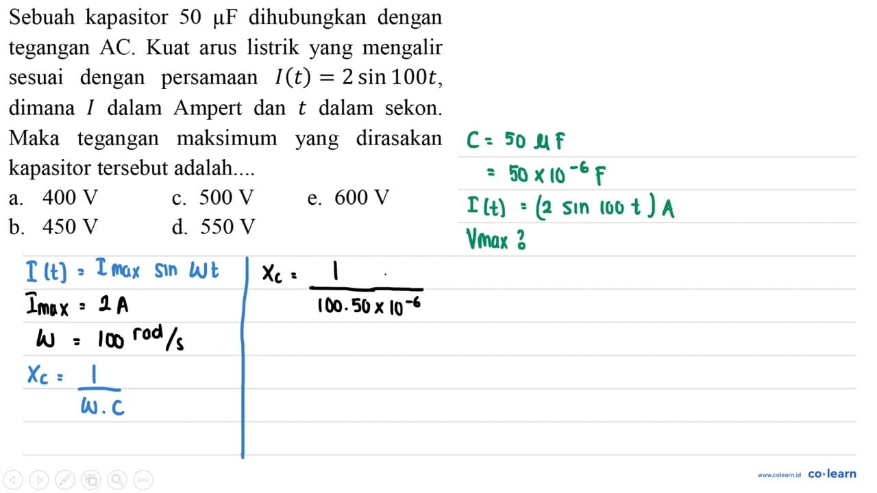 Sebuah kapasitor 50 mikro F dihubungkan dengan tegangan AC.