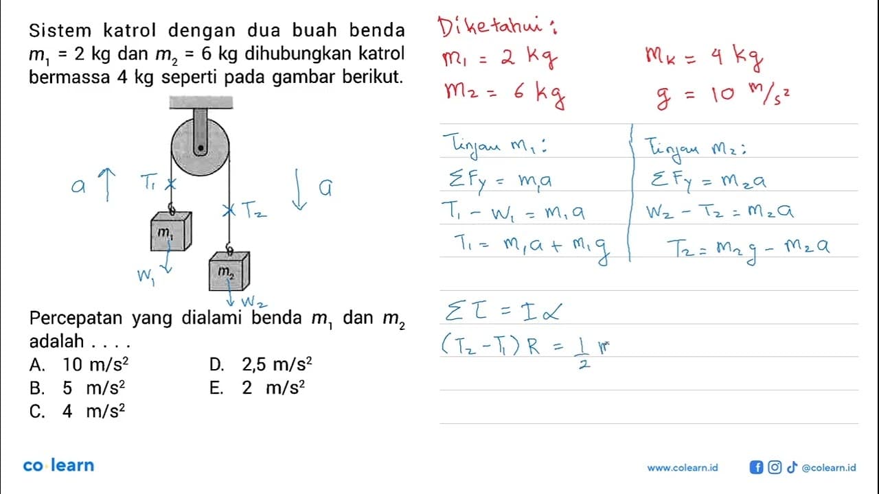 Sistem katrol dengan dua buah benda m1 = 2 kg dan m2 = 6 kg